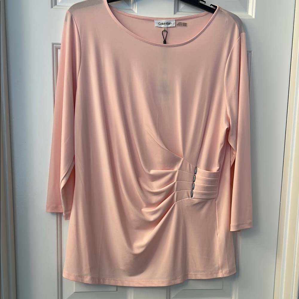 BRAND NEW!! Calvin Klein,  Pink Ruched 3/4 Sleeve Blouse, size L